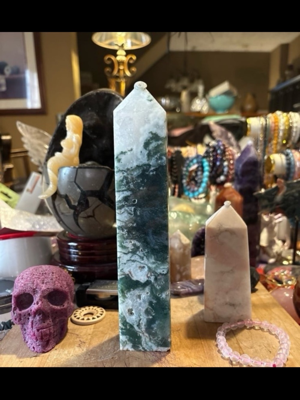 Polished Green and White Moss Agate Tower - Home Accents